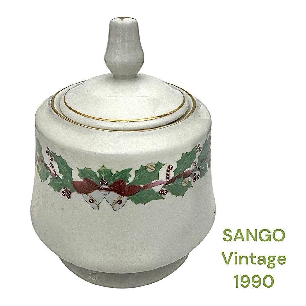 Sango Christmas Holly Sugar Bowl with Lid – Vintage Mid-Century Ceramic